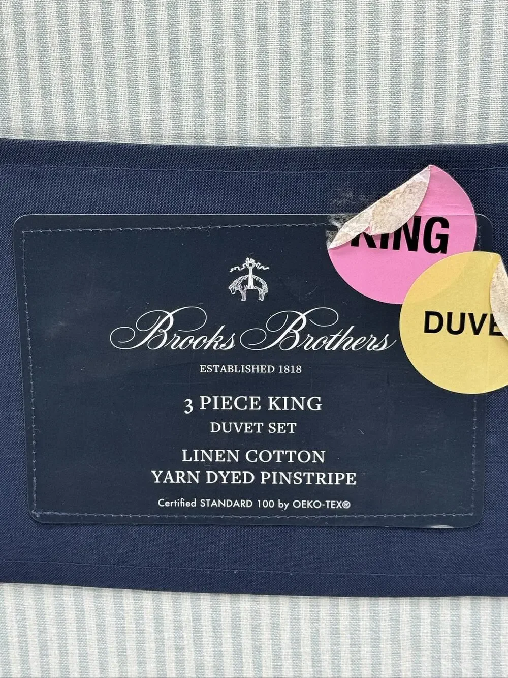 Brooks Brothers King Light Blue White Pinstripe Cotton Linen Duvet Cover Set